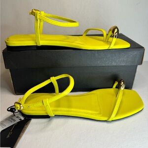 Massimo Dutti Neon Yellow Leather Ankle-Strap Sandals with Gold Accent